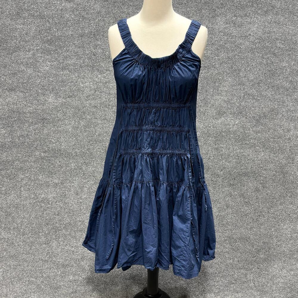 Eudon Choi Dress Womens 2 Blue Smocked Scoop Neck Trapeze Sundress Knee Length